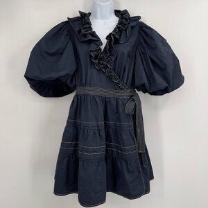 Luminary Fine Collection Navy Puff Sleeve Ruffle Mini Dress - Size M